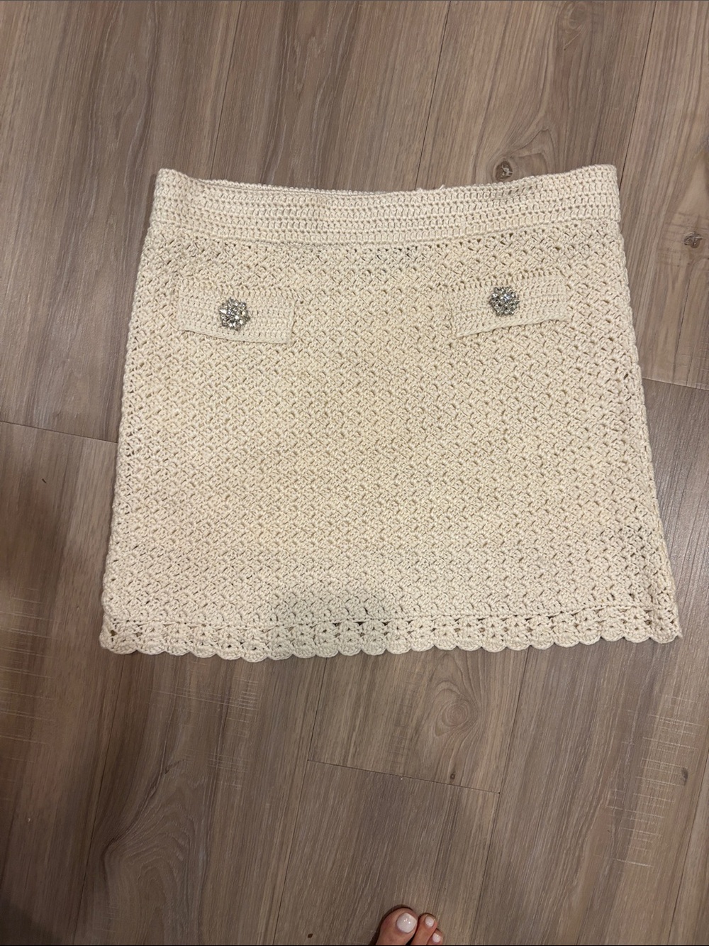 Generation Love Cream Crochet Mini Skirt with Jewel Buttons